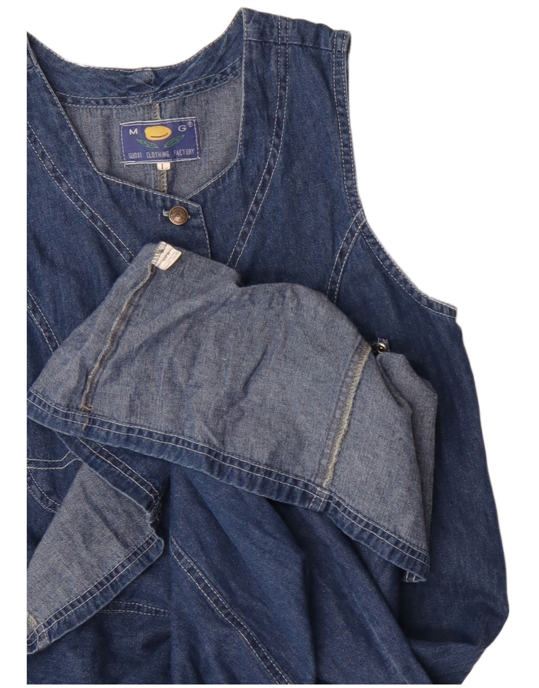 Abito vintage in denim senza maniche da donna UK 14 grande cotone blu