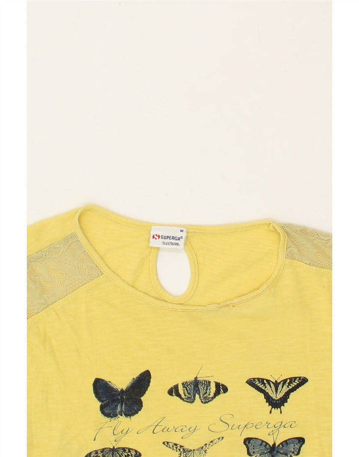SUPERGA Womens Graphic T-Shirt Top UK 14 Medium Yellow Cotton Vintage Superga and Second-Hand Superga from Messina Hembry 