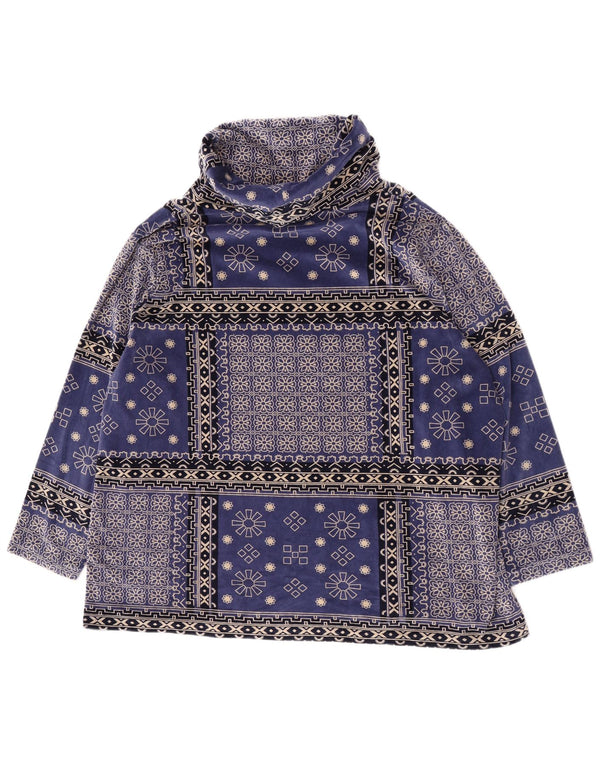 Top da donna vintage in velluto a maniche lunghe UK 20 2XL cotone floreale blu