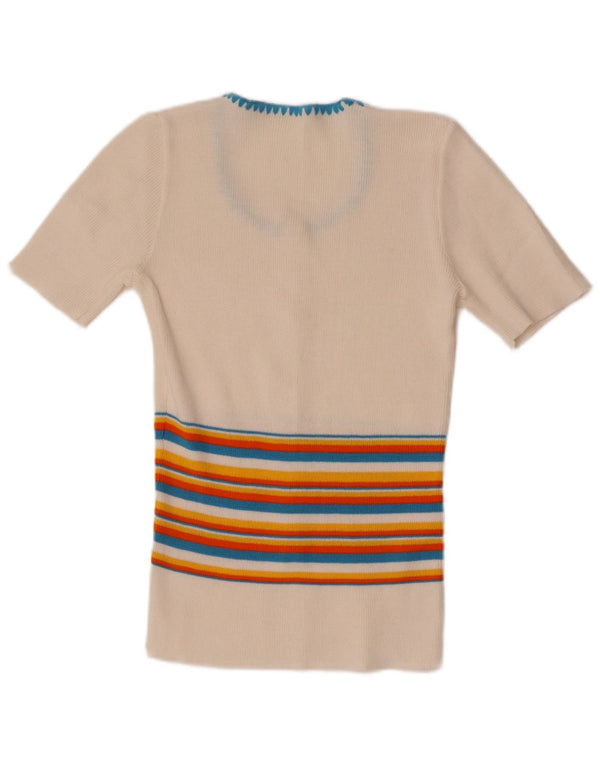 Vintage Womens 1/2 Sleeve Short Blouse Top UK 4 XS White Striped