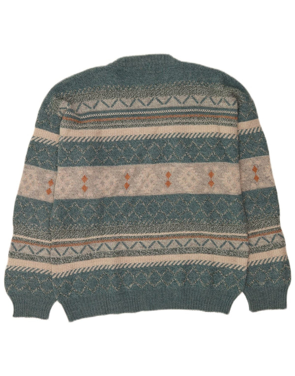 Maglione vintage da uomo con scollo a V, grande lana Fair Isle blu