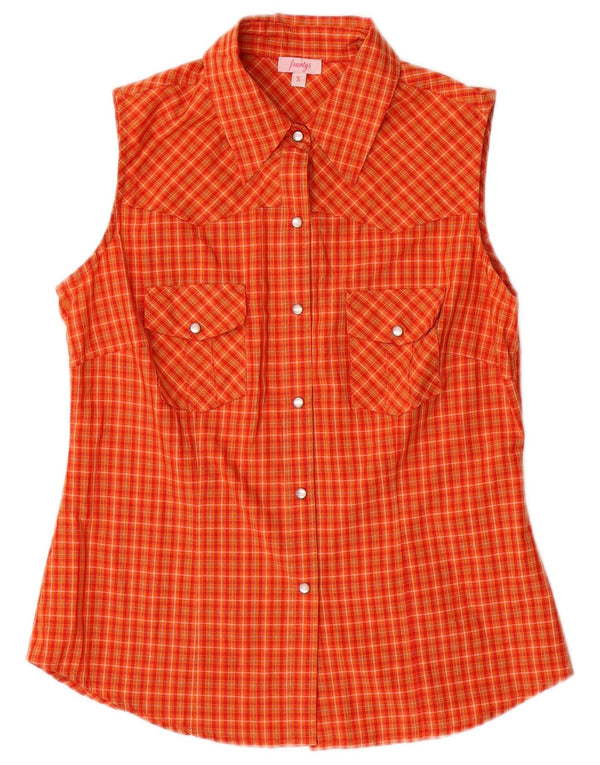 Camicia senza maniche vintage da donna UK 10 piccolo cotone a quadri arancioni