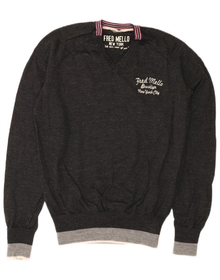 Maglione con scollo a V grafico da donna Fred Mello UK 10 piccolo grigio
