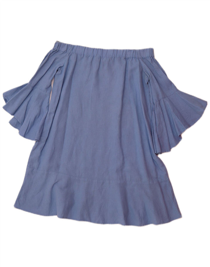 ZARA Womens 3/4 Sleeve Off Shoulder Top UK 10 Small Blue Linen
