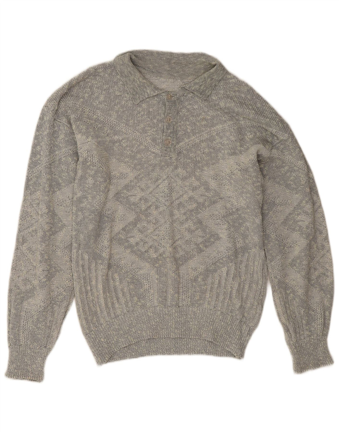 Maglione vintage da uomo con collo a polo, grande grigio geometrico