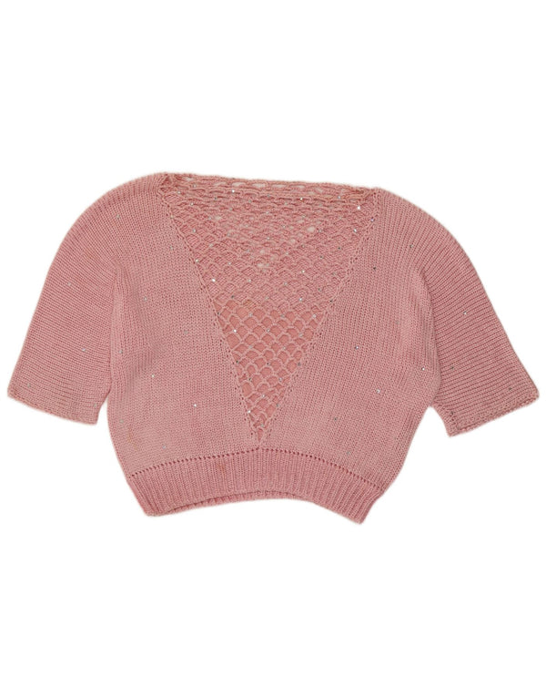 Maglione corto da donna vintage con scollo a barca UK 14 Rosa medio maculato