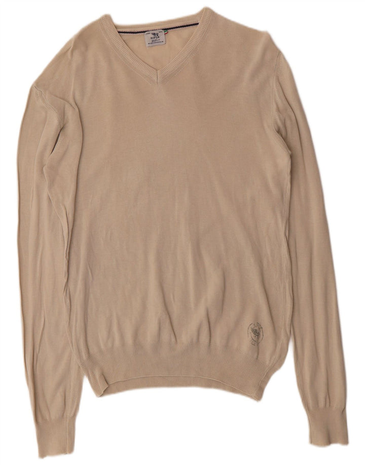 RIFLE Mens V-Neck Jumper Sweater Medium Beige Cotton