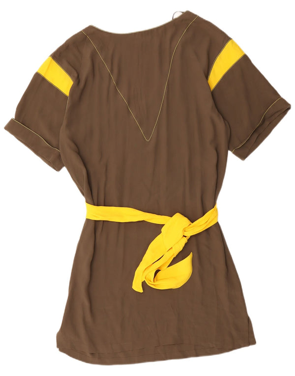Abito tunica vintage da donna a maniche corte UK 16 Large Brown Colourblock