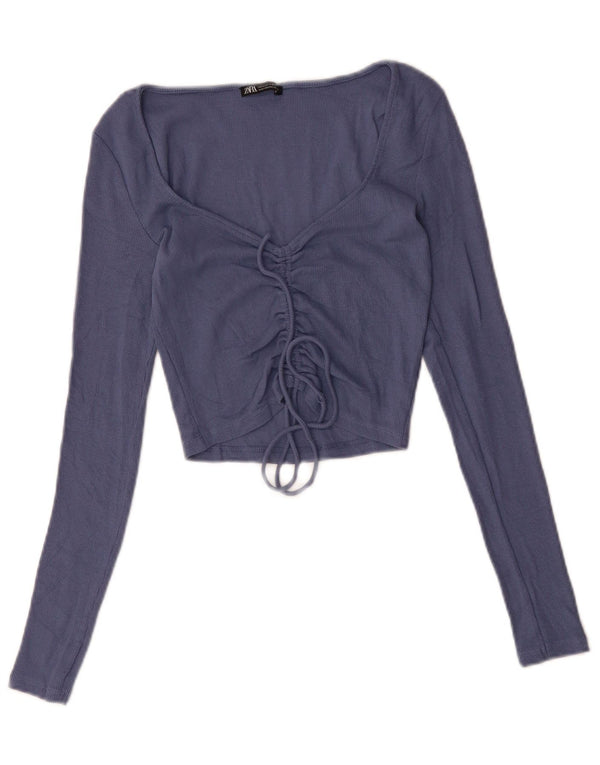 ZARA Top Corto da Donna Manica Lunga UK 12 Cotone Blu Medio