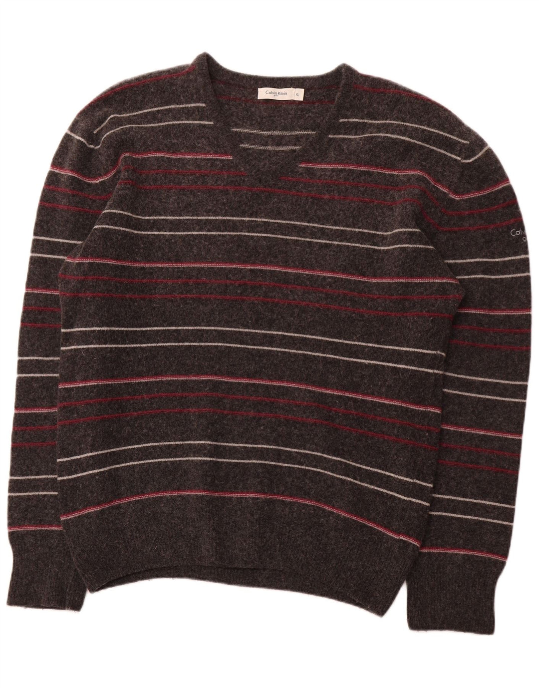 CALVIN KLEIN Mens V-Neck Jumper Sweater XL Grey Striped Lambswool