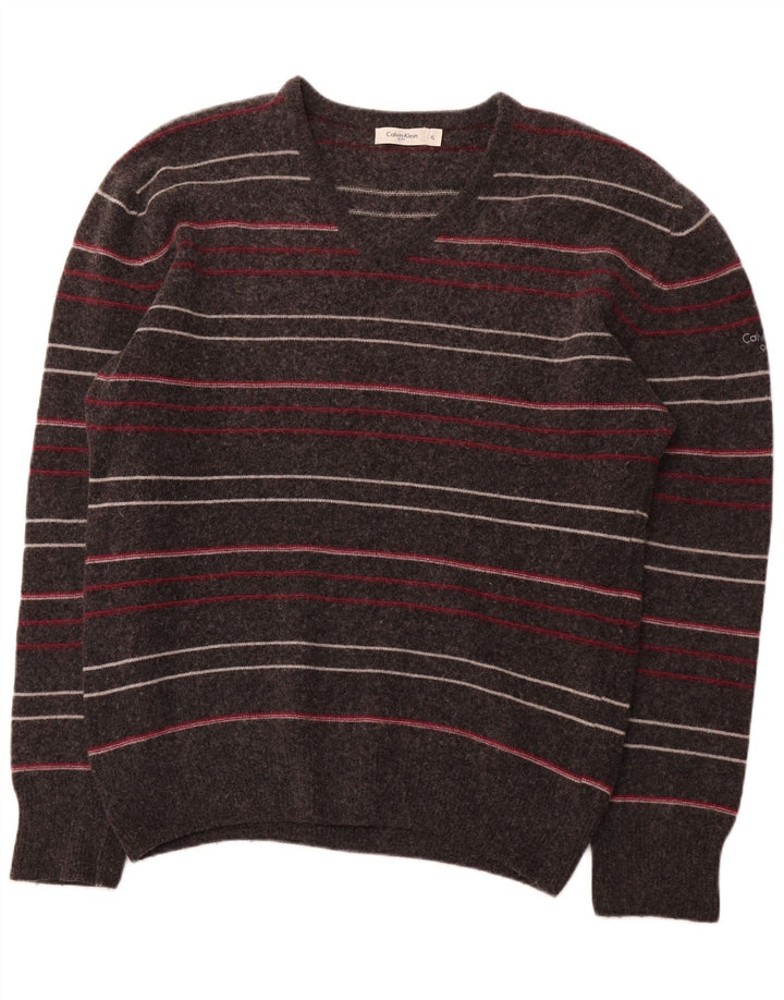CALVIN KLEIN Mens V-Neck Jumper Sweater XL Grey Striped Lambswool