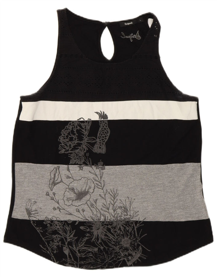 DESIGUAL Canotta grafica da donna UK 14 Large Black Striped