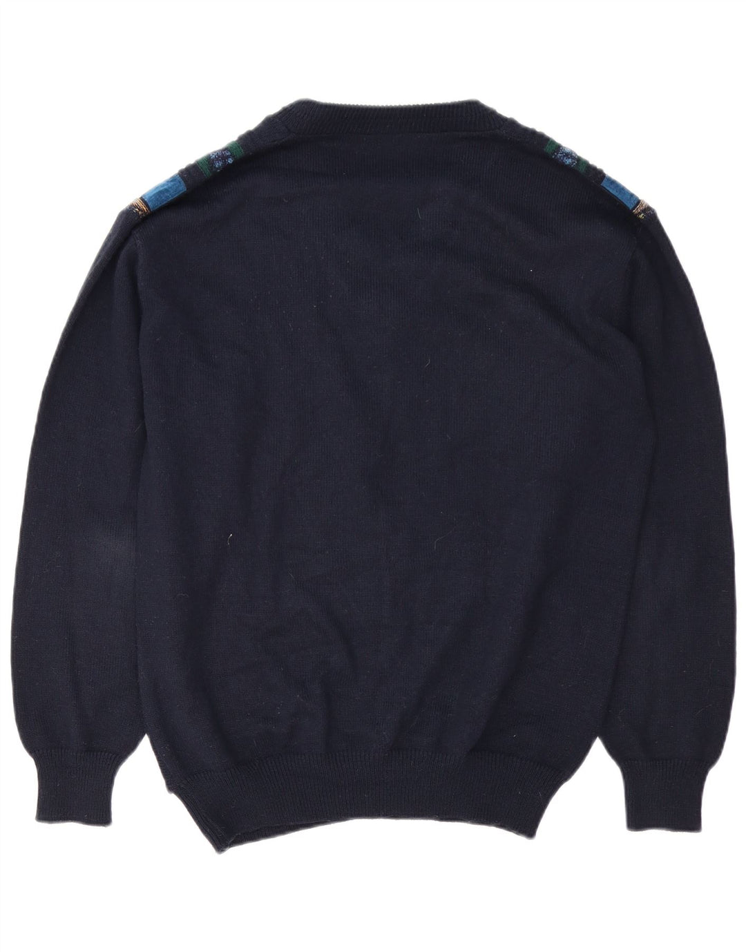 Maglione vintage da uomo con scollo a V, grande poliacrilico geometrico blu navy