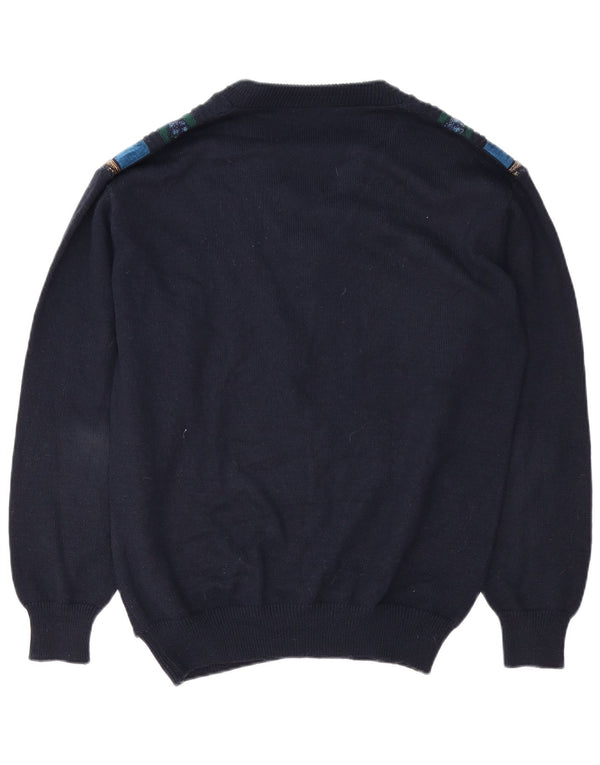 Maglione vintage da uomo con scollo a V, grande poliacrilico geometrico blu navy