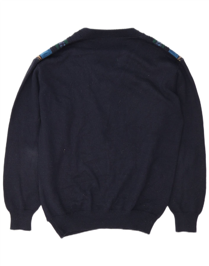 Maglione vintage da uomo con scollo a V, grande poliacrilico geometrico blu navy