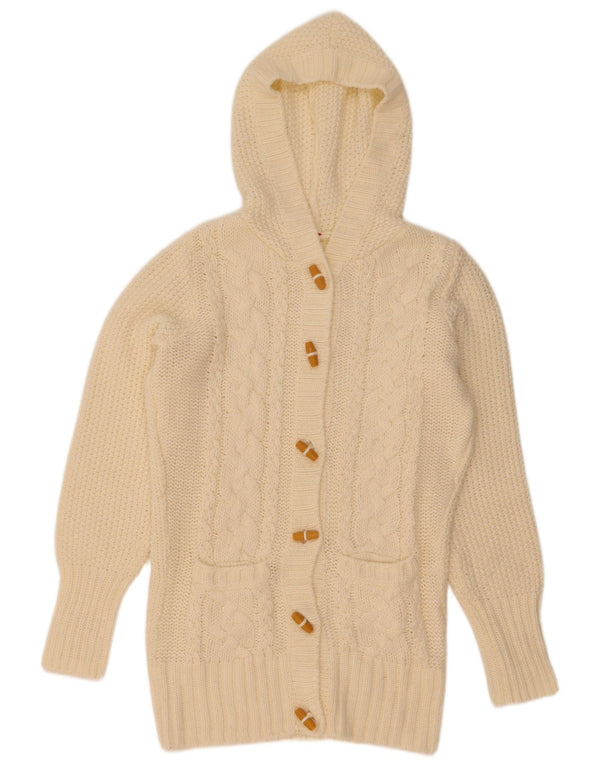 Maglione cardigan con cappuccio da donna vintage UK 14 medio bianco sporco