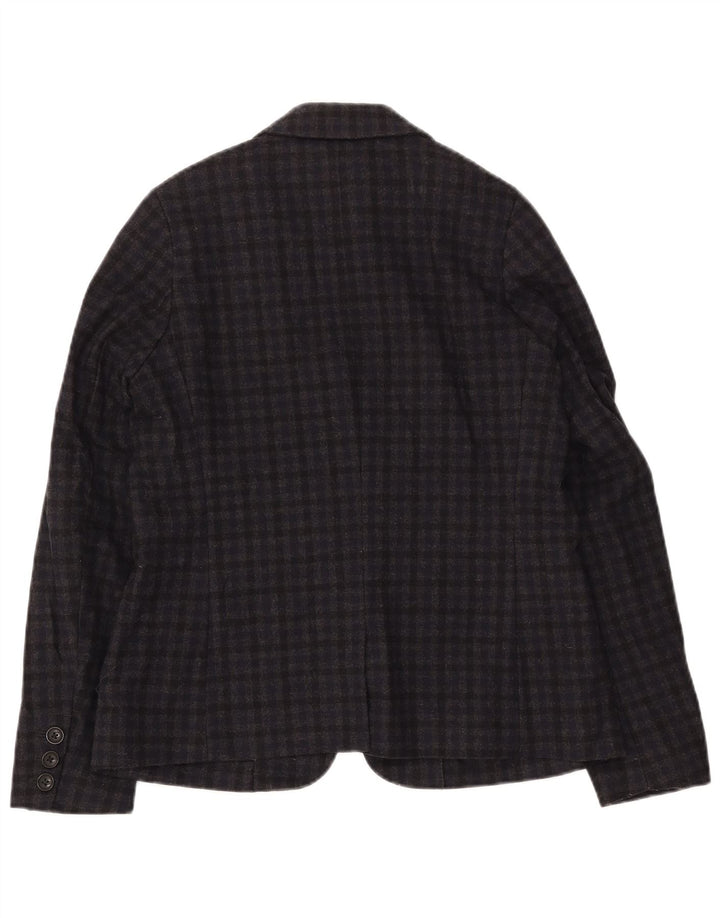 FAT FACE Womens 2 Button Blazer Jacket UK 12 Medium Navy Blue Gingham Wool