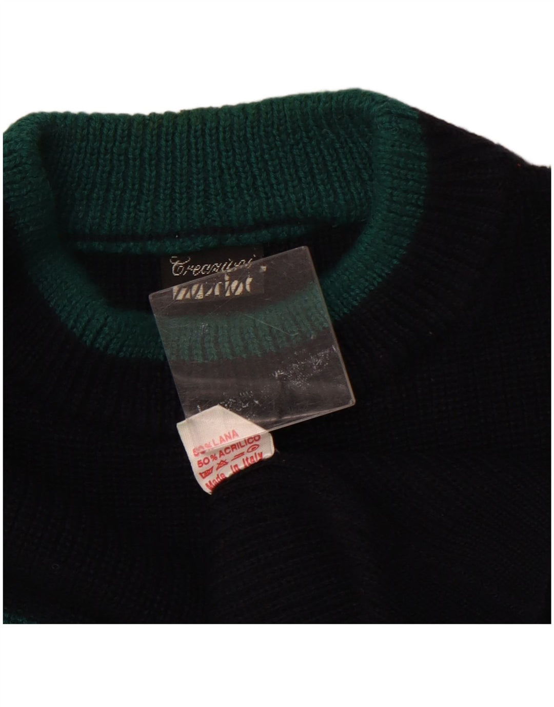 VINTAGE Maglione da uomo con scollo a barca XL Lana color block blu navy