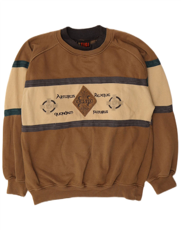 Felpa grafica da uomo vintage maglione piccolo poliestere color block marrone