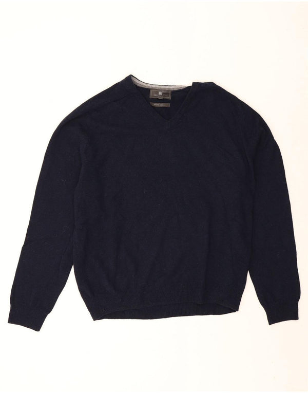 Marks & Spencer Mens Regular Fit V-Neck Jumper Sweater XL Navy Blue Wool