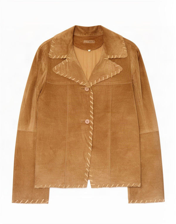 Giacca blazer vintage in pelle scamosciata a 2 bottoni da donna UK 14 grande beige