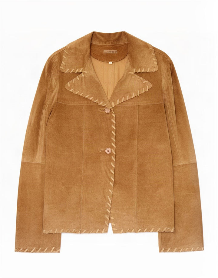 Giacca blazer vintage in pelle scamosciata a 2 bottoni da donna UK 14 grande beige