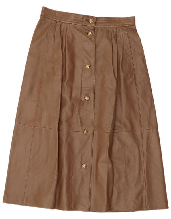Gonna in pelle pieghettata da donna vintage UK 12 media W30 in pelle marrone