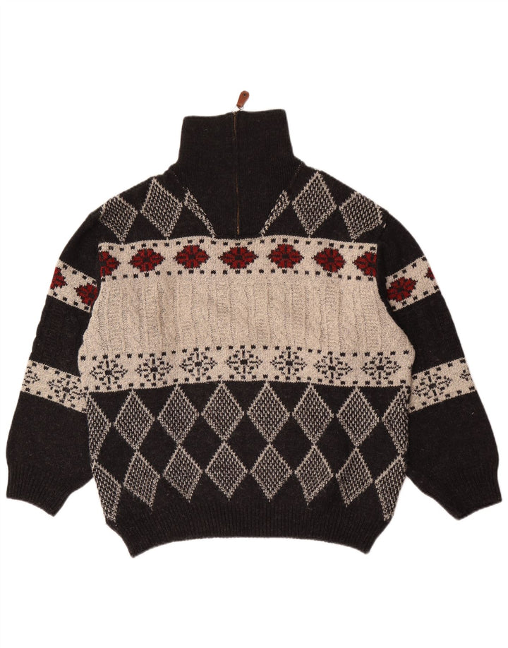 Maglione vintage da uomo con zip e collo IT 48 medio nero a rombi/diamante
