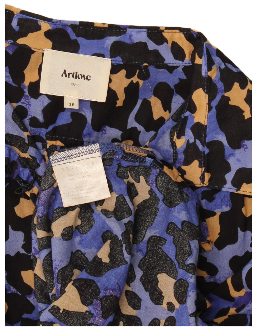 Camicetta oversize da donna vintage top EU 36 piccolo cotone blu con stampa animalier