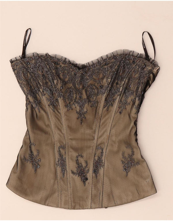 WAREHOUSE Top a corsetto con spalle scoperte da donna UK 8 Piccolo poliestere floreale beige