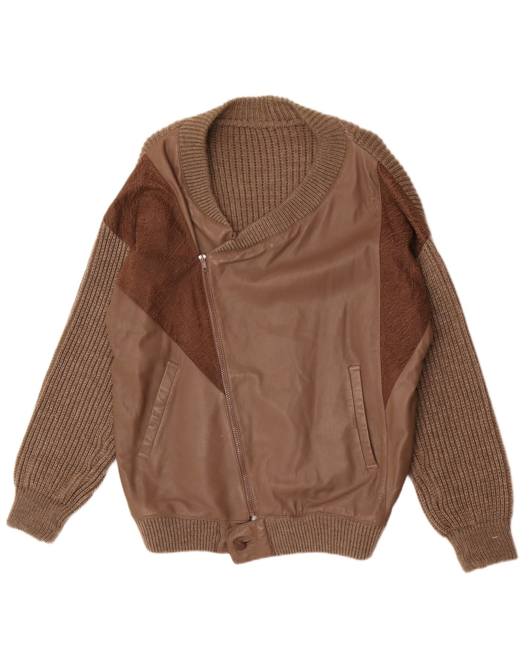 Maglione cardigan in pelle vintage da uomo grande lana marrone