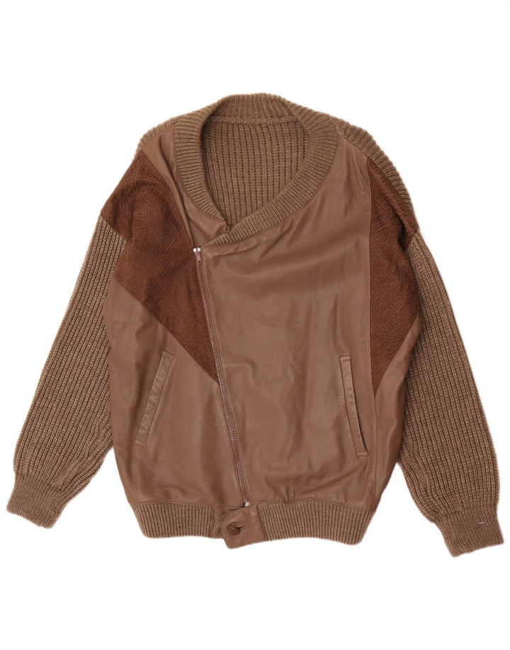 Maglione cardigan in pelle vintage da uomo grande lana marrone