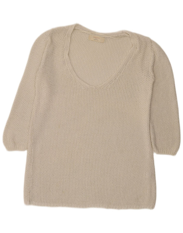 Maglione Zara da donna con scollo a V all'uncinetto con maniche a 3/4 UK 16 grande bianco sporco
