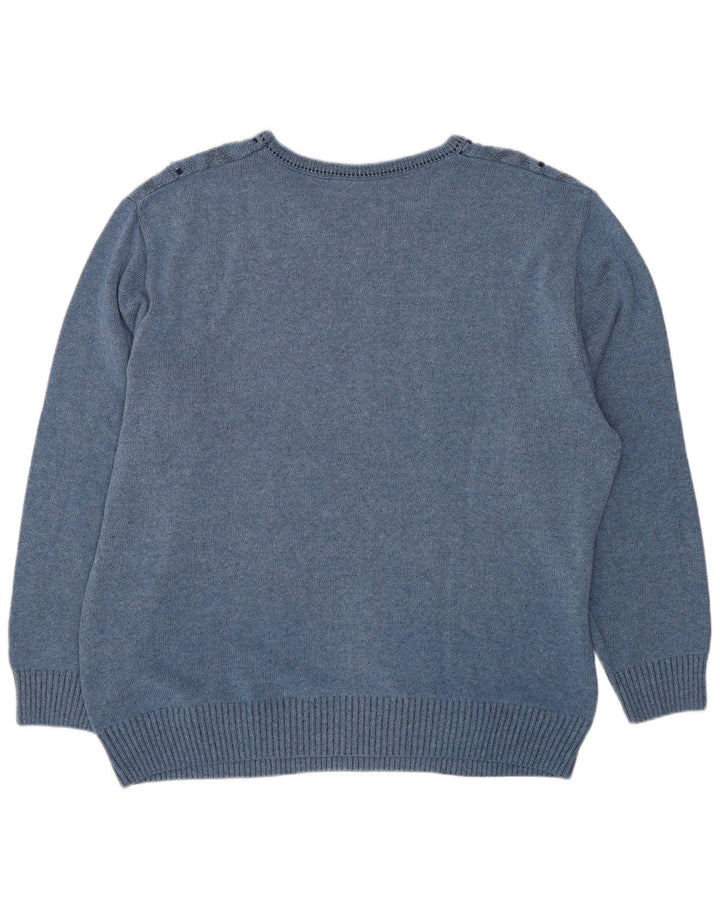 Maglione maglione con scollo a V da uomo VINTAGE UK 44 XL cotone geometrico blu