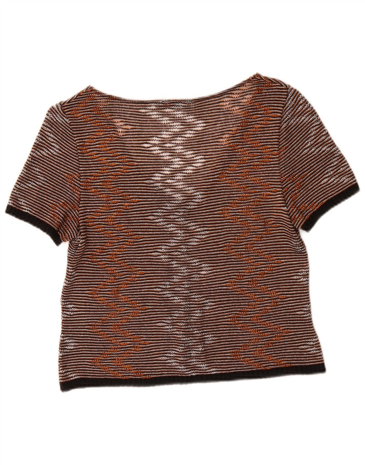 Top corto da donna vintage in camicetta UK 10 piccolo gessato marrone