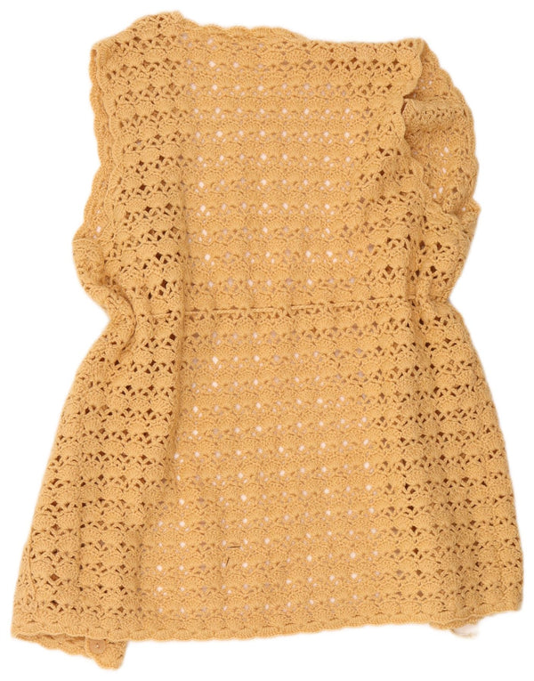 Top cardigan all'uncinetto senza maniche da donna vintage UK 16 grande giallo