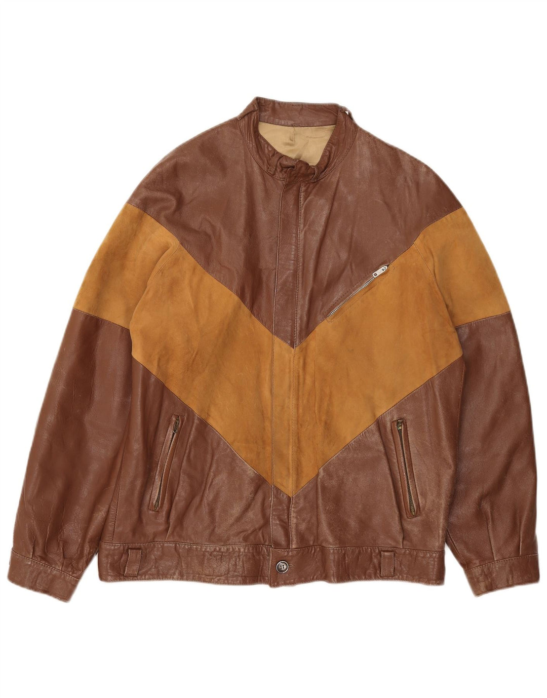 Giacca in pelle vintage da uomo IT 52 XL Colorblock marrone
