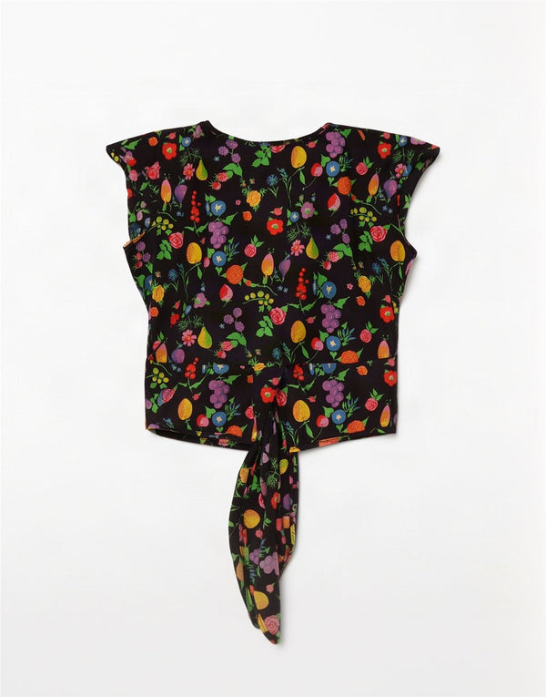 Top cardigan avvolgente corto da donna vintage UK 14 medio nero floreale