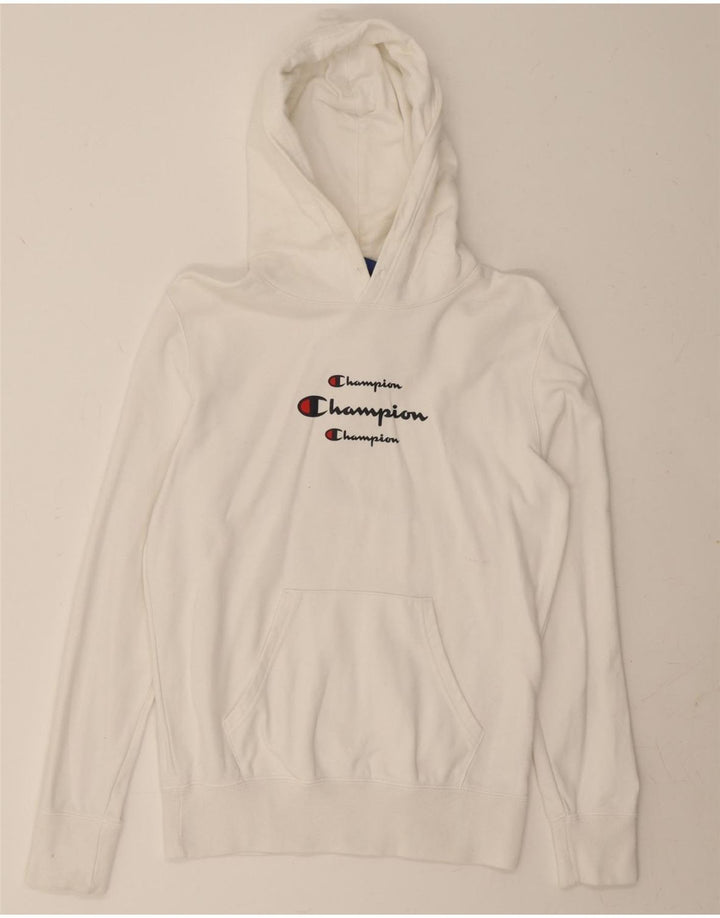CHAMPION Mens Graphic Hoodie Jumper Small White Cotton Vintage Champion and Second-Hand Champion from Messina Hembry 