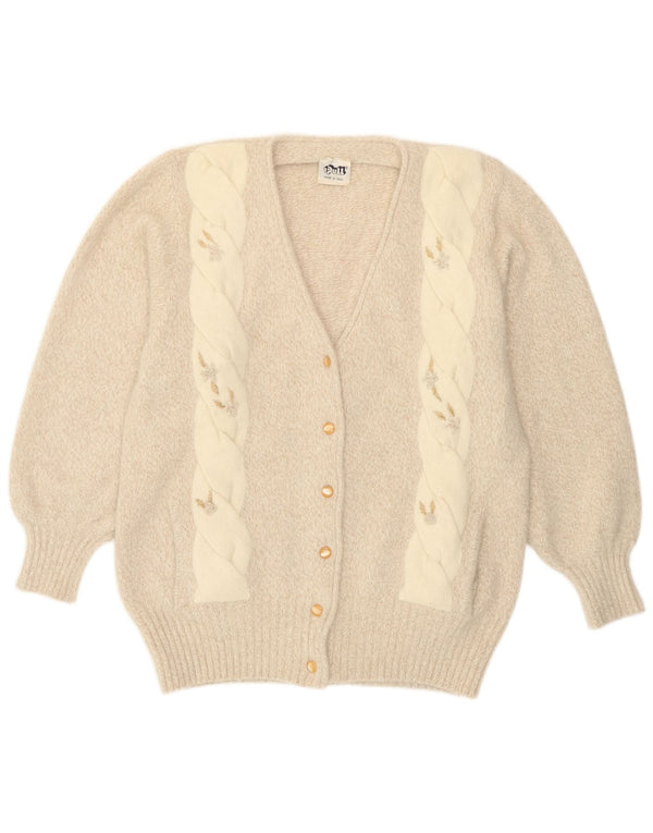 Maglione cardigan da donna vintage UK 14 Angora floreale beige grande