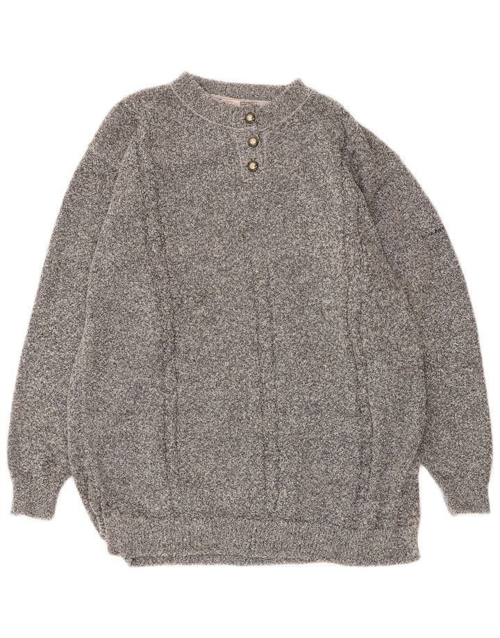 Maglione da donna vintage con collo a bottoni, UK 16, grande acrilico grigio
