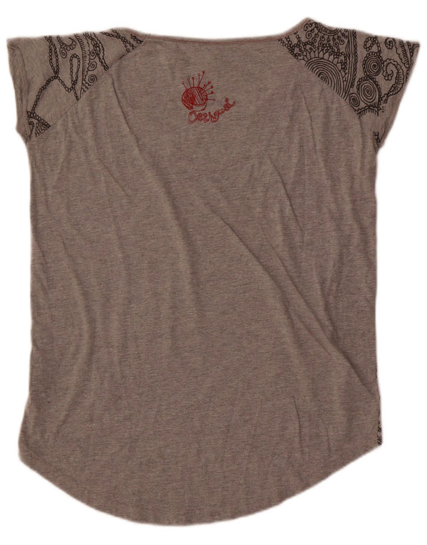 Desigual Womens Oversized Graphic T-Shirt Top UK 6 XS Grey Floral Cotton