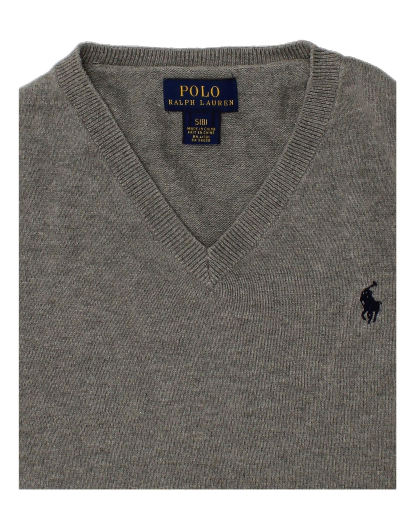 POLO RALPH LAUREN Boys V-Neck Jumper Sweater 7-8 Years Small Grey