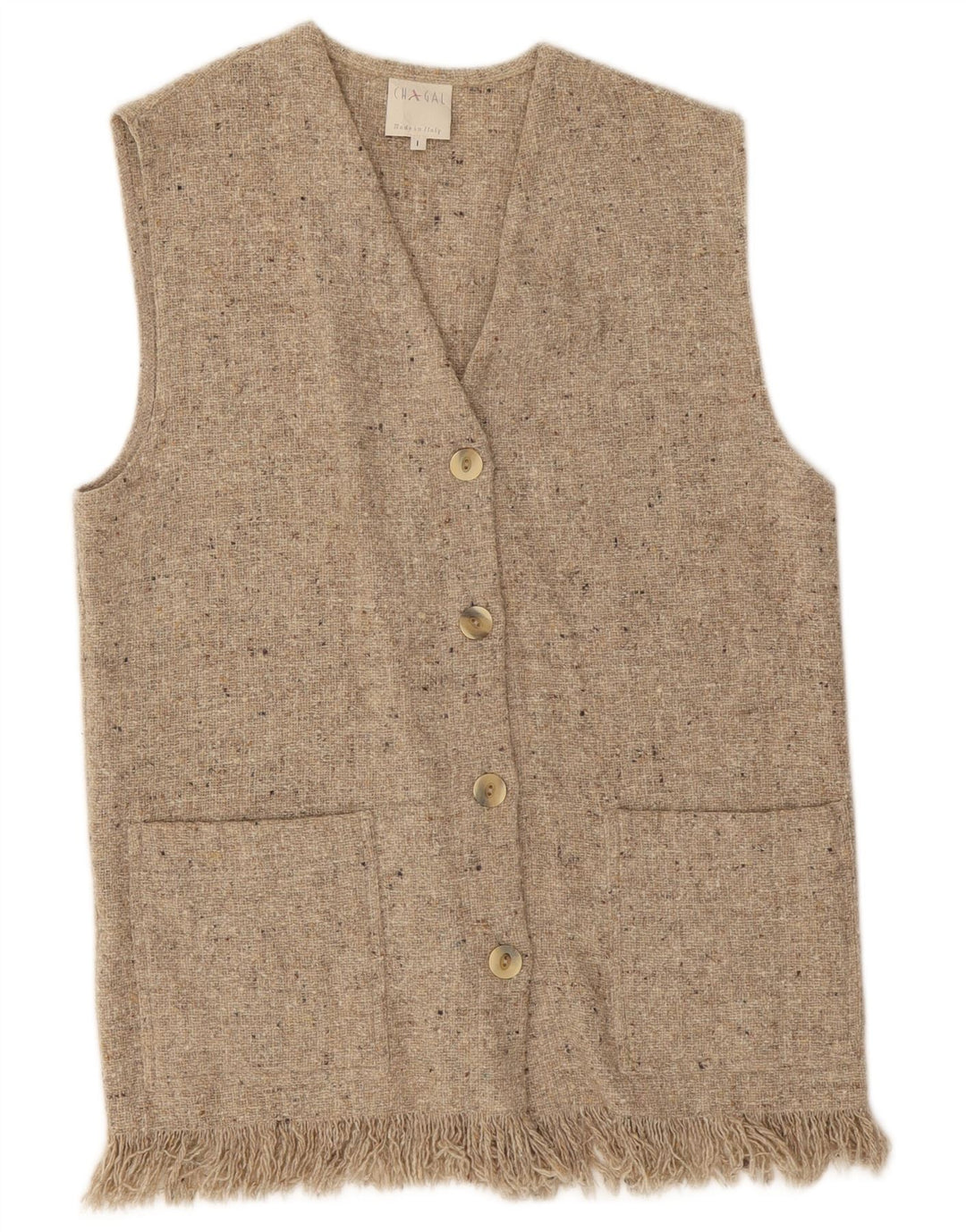 Maglione cardigan senza maniche vintage da donna UK 14 Lana screziata grigio medio