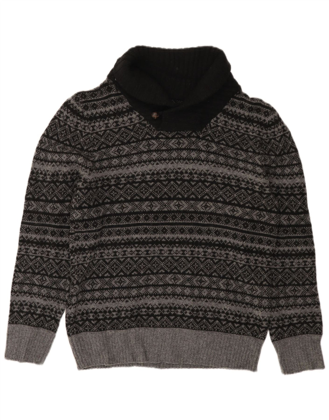 EDDIE BAUER Maglione da uomo con collo a scialle piccolo in lana Fair Isle grigia