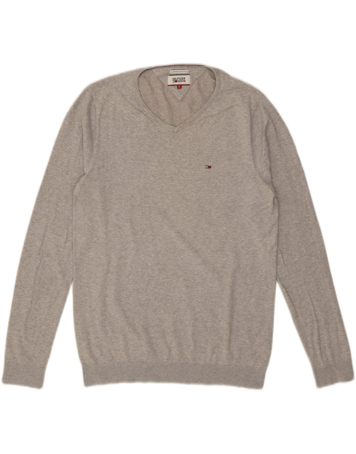 Maglione maglione con scollo a V da uomo Tommy Hilfiger piccolo cotone grigio