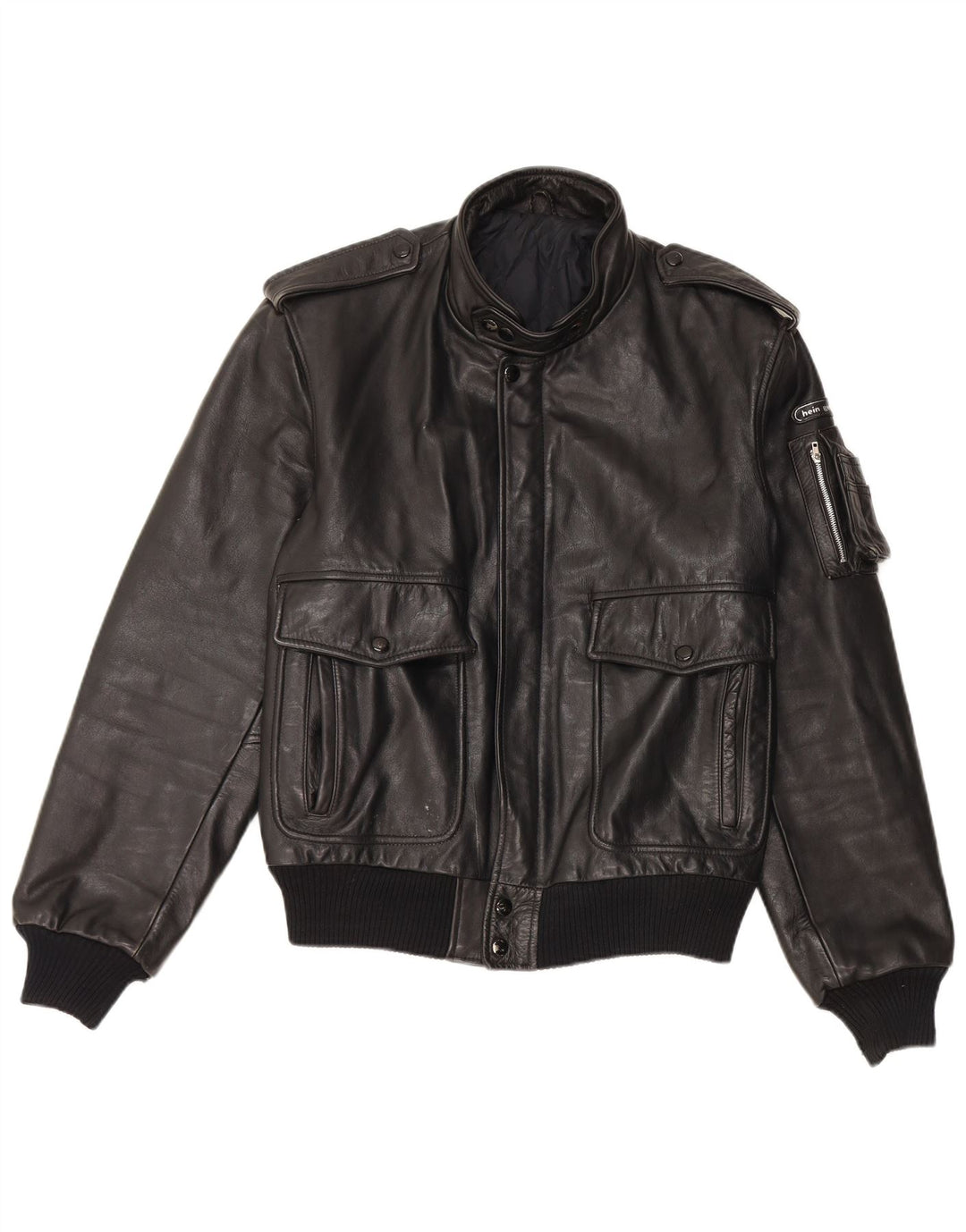 Giacca militare in pelle da uomo vintage UK 38 in pelle nera media