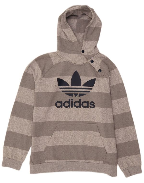 Felpa con cappuccio da uomo Adidas con collo grafico e bottoni, grande in cotone a righe grigie