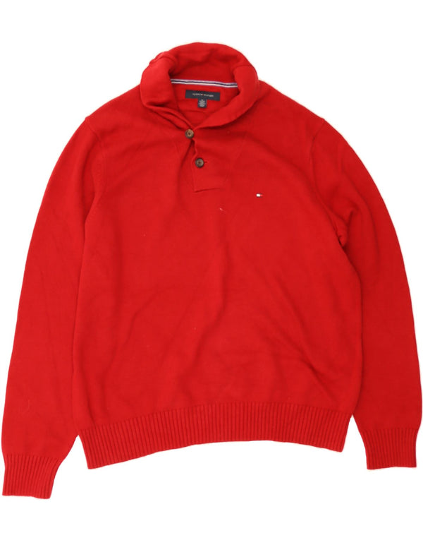 TOMMY HILFIGER Mens Shawl Neck Jumper Sweater XL Red Cotton