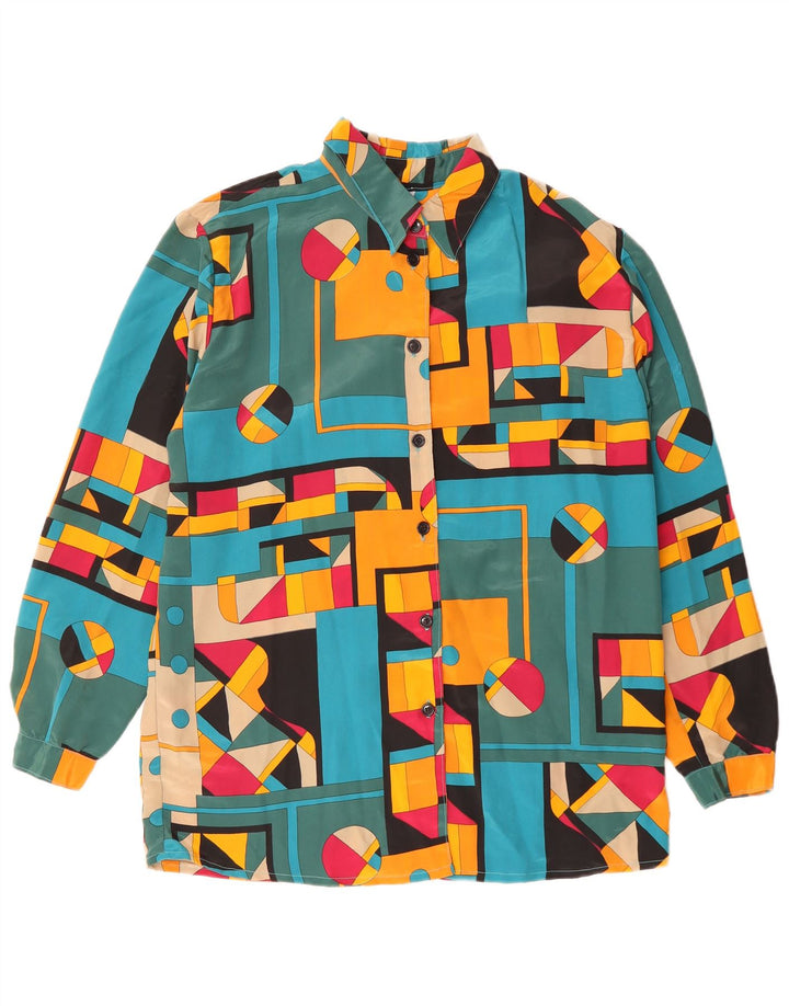 Camicetta camicia vintage da donna UK 14 grande geometrica multicolore